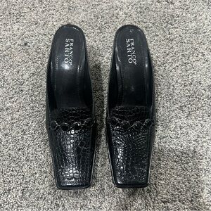 Vtg Franco Sarto Black Leather Square Toe Mule Heel Croc Embossed Women’s US 8.5